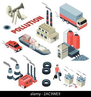 La pollution de l'air et de l'eau, les plantes et les transports, les déchets et la fumée, icônes isolé Illustration de Vecteur