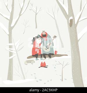 Garçon joue de la guitare pour une jeune fille dans la forêt d'hiver Illustration de Vecteur