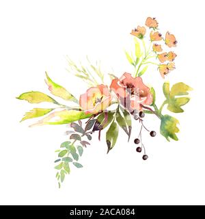 Suite nuptiale mariage romanric doux bouquet de fleurs rustiques . Dessin aquarelle rose et violet et orange fleurs ornament Banque D'Images