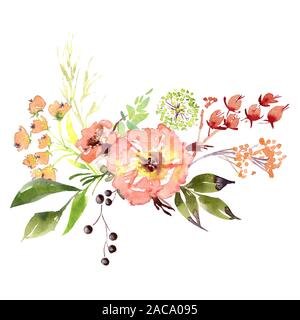 Suite nuptiale mariage romanric doux bouquet de fleurs rustiques . Dessin aquarelle rose et violet et orange fleurs ornament Banque D'Images