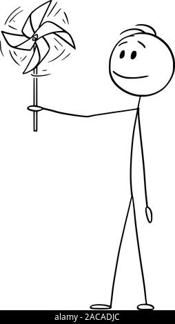 Vector cartoon stick figure dessin illustration conceptuelle de man holding pinwheel jouet ou moulin à vent. Concept de l'énergie éolienne et de l'écologie. Illustration de Vecteur