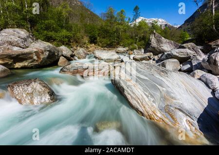 La rivière Verzasca colorés au Tessin en Suisse au printemps, ciel bleu, soleil Banque D'Images