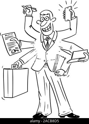 Drôle de scénario de dessin animé de la bande dessinée de confident businessman occupé avec beaucoup de mains à travailler sur plusieurs tâches en même temps. La gestion du temps ou le multitâche concept. Illustration de Vecteur