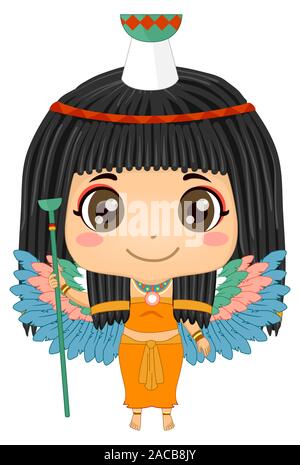 Illustration d'un Kid Girl Costume Déesse Nephthys avec coiffe et ailes Banque D'Images