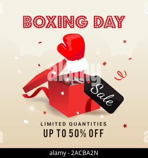 Boxing day Sale, illustration vectorielle, gant de boxe qui sort de boîte rouge avec étiquette de prix Illustration de Vecteur