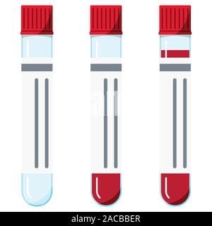 Les tubes de sang en plastique avec capuchon icon set avec et sans échantillon liquide rouge Illustration de Vecteur