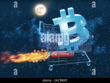La hausse des prix et des bitcoins aller sur la lune concept, 3D illustration Banque D'Images