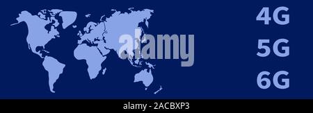 4G, 5G, 6G Nouvelle génération de réseau de communication. Internet et les réseaux mobiles. Carte du monde sur fond bleu. Connectivité intercontinentale. Com mondial Illustration de Vecteur