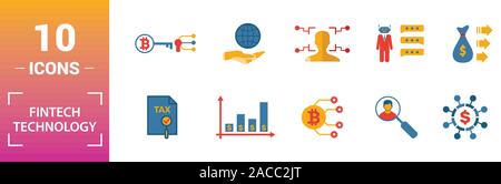 La technologie Fintech icon set. Inclure des éléments créatifs, revenu de base, la technologie bitcoin kyc, prêt en ligne, modèle d'icônes. Peut être utilisé pour Illustration de Vecteur