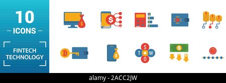 La technologie Fintech icon set. Inclure des éléments créatifs, revenu de base, la technologie bitcoin kyc, prêt en ligne, modèle d'icônes. Peut être utilisé pour Illustration de Vecteur