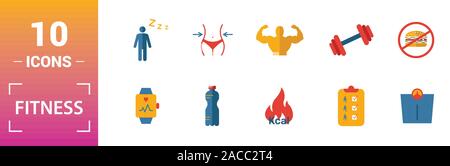 Icon Set de remise en forme. Inclure des éléments créatifs en piscine, brûler des calories, de l'eau, la malbouffe, la restauration d'icônes. Peut être utilisé pour rapport, présentation Illustration de Vecteur