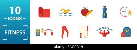 Icon Set de remise en forme. Inclure des éléments créatifs en piscine, brûler des calories, de l'eau, la malbouffe, la restauration d'icônes. Peut être utilisé pour rapport, présentation Illustration de Vecteur