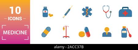Médicament icon set. Inclure des éléments créatifs sac médical, pilules, mélange, ADN, icônes pipette. Peut être utilisé pour rapport, présentation, dessin, web Illustration de Vecteur