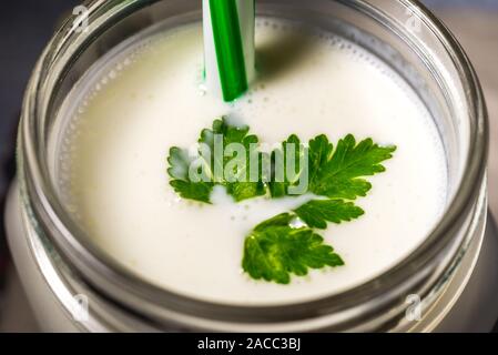 Le kéfir maison simple dans un verre avec des épices et herbes sur fond gris, copiez l'espace. Ayran probiotiques Banque D'Images