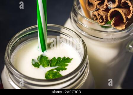 Le kéfir maison simple dans un verre avec des épices et herbes sur fond gris, copiez l'espace. Ayran probiotiques Banque D'Images