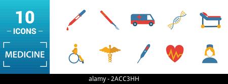 Médicament icon set. Inclure des éléments créatifs sac médical, pilules, mélange, ADN, icônes pipette. Peut être utilisé pour rapport, présentation, dessin, web Illustration de Vecteur