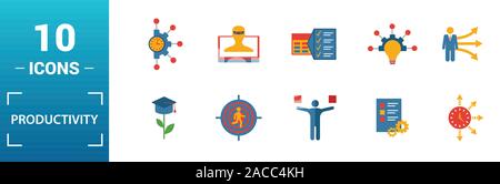 L'icône de la productivité. Inclure des éléments créatifs, de compétences de gestion du temps, la pause-café, de plan de travail, tâches quotidiennes d'icônes. Peut être utilisé pour rapport Illustration de Vecteur