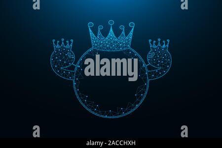 Couronne et deux serpents dans la forme d'une bague de luxe, design poly faible maillage filaire illustration vectorielle polygonale fait à partir de points et lignes sur dark blu Illustration de Vecteur