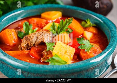 Goulash hongrois traditionnels. Ragoût de boeuf avec des pommes de terre, les carottes et le paprika dans un plat bleu. Banque D'Images