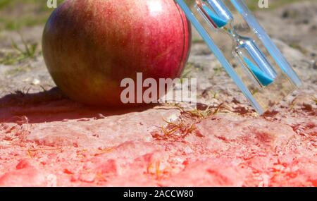 Hourglass transparent bleu avec du sable et de fruits rouges séchés contre Apple, le sol sale temps concept Banque D'Images