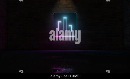 Le rendu 3D de néon violet bleu symbole de l'icône de l'application carré arrondi avec trois barres graphique vertical sur mur de brique sombre avec l'arrière-plan flou humide refle Banque D'Images
