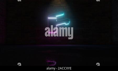 Le rendu 3D de néon violet bleu symbole de robinet levier sur fond sombre mur humide avec réflexion floue Banque D'Images