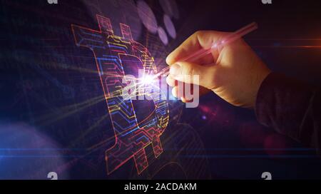 Projet de création de symbole Bitcoin. Concept abstrait d'blockchain la technologie, internet et l'argent virtuel devise crypto icon 3d illustration. Dimensions d Banque D'Images