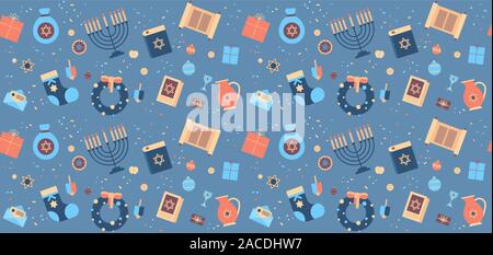 La menorah torah bible boîte-cadeau wreath icons set happy hanukkah judaïsme fêtes religieuses célébration fête juive concept seamless pattern illustration vecteur horizontal Illustration de Vecteur