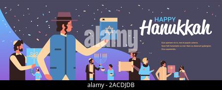 Les juifs se tenant ensemble hommes femmes juives en vêtements traditionnels hanukkah heureux célébration des fêtes religieuses judaïsme concept horizontal portrait copy space vector illustration Illustration de Vecteur