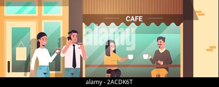 Les visiteurs d'affaires ayant pause café hommes femmes de boire des boissons chaudes café de la rue moderne portrait extérieur télévision horizontale vector illustration Illustration de Vecteur