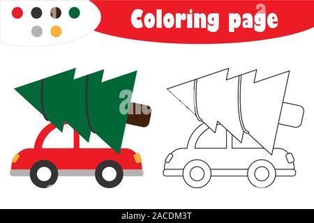 Sapin sur voiture à cartoon style, noël coloriages, jeu de papier de l'éducation pour le développement des enfants, pour les enfants, activité préscolaire version Illustration de Vecteur