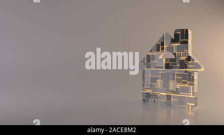 Le rendu 3D techno métal géométrique rectangulaire greeble symbole de chambre avec cheminée et avec l'icône Windows lignes lumineux avec sol réflexion floue Banque D'Images