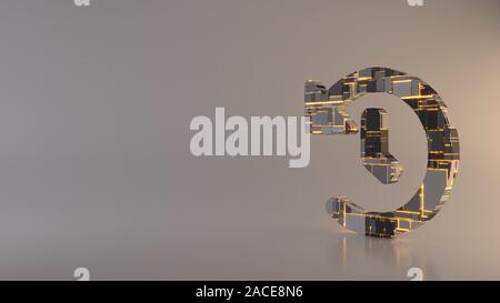 Le rendu 3D techno métal géométrique rectangulaire greeble symbole de l'horloge avec des aiguilles d'une icône en forme de flèche avec lignes rougeoyant avec réflexion floue fl Banque D'Images