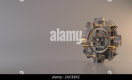Le rendu 3D techno métal géométrique rectangulaire greeble symbole de l'engrenage avec symbole d'informations à l'intérieur de l'icône de lignes avec réflexion floue Banque D'Images