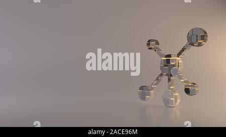 Le rendu 3D techno métal géométrique rectangulaire greeble symbole de réseau avec l'icône sphère centrale de lignes avec réflexion floue sur plancher Banque D'Images