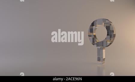 Le rendu 3D techno métal géométrique rectangulaire greeble symbole de l'icône du détecteur de métal de poche avec lignes rougeoyant avec réflexion floue marbre sur lig Banque D'Images