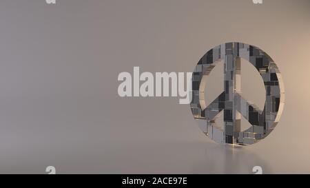 Le rendu 3D techno métal géométrique rectangulaire greeble symbole de paix avec l'icône lignes rougeoyant avec réflexion floue marbre sur fond clair Banque D'Images