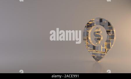 Le rendu 3D techno métal géométrique rectangulaire greeble symbole de placeholder avec symbole du dollar à l'intérieur de l'icône de lignes avec reflectio floue Banque D'Images