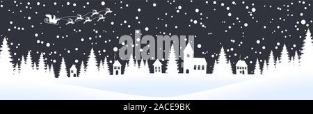 Fichier vectoriel EPS 10 montrant le temps de Noël nature paysage fond avec champs de neige, petit village, santa sur traîneau, chute de neige et la zone de couleur Illustration de Vecteur