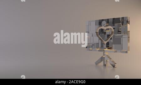 Le rendu 3D techno métal géométrique rectangulaire greeble symbole de tableau de présentation avec icône de cœur de lignes avec réflexion floue marbre Banque D'Images