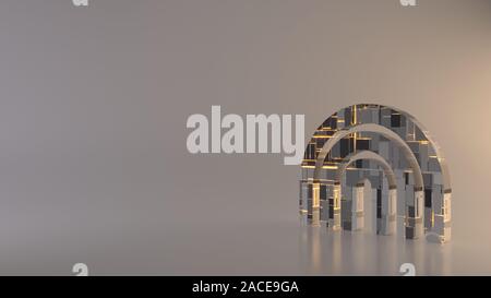 Le rendu 3D techno métal géométrique rectangulaire greeble symbole de l'arche de l'arc-en-ciel rougeoyant avec icône lignes avec réflexion floue marbre sur light backgrou Banque D'Images