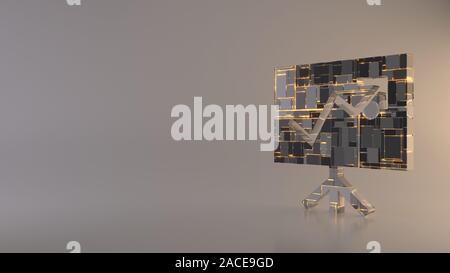 Le rendu 3D techno métal géométrique rectangulaire greeble symbole de tableau de présentation avec la flèche sur l'icône graphique de lignes avec réflexion floue Banque D'Images