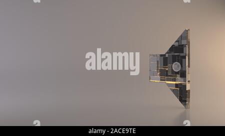 Le rendu 3D techno métal géométrique rectangulaire greeble symbole de l'orateur sur l'icône avec lignes rougeoyant avec réflexion floue marbre sur fond clair Banque D'Images