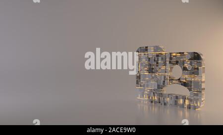 Le rendu 3D techno métal géométrique rectangulaire greeble symbole de dossier avec l'icone personnelle de lignes avec réflexion floue marbre Banque D'Images