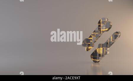 Le rendu 3D techno métal géométrique rectangulaire greeble symbole de clé et l'icône française tournevis avec lignes rougeoyant avec réflexion floue sur plancher Banque D'Images