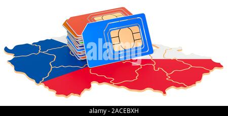 Cartes SIM sur la carte de République tchèque. La communication mobile, l'itinérance en République tchèque, concept. Le rendu 3D isolé sur fond blanc Banque D'Images