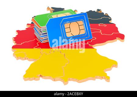 Cartes SIM sur le site allemand. La communication mobile, l'itinérance en Allemagne, concept. Le rendu 3D isolé sur fond blanc Banque D'Images