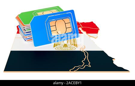 Cartes SIM sur le site égyptien. Les communications mobiles, l'itinérance dans l'Égypte, de concept. Le rendu 3D isolé sur fond blanc Banque D'Images