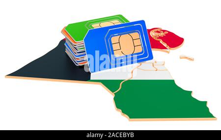 Cartes SIM sur le Koweït carte. Les communications mobiles, l'itinérance dans le Koweït, concept. Le rendu 3D isolé sur fond blanc Banque D'Images