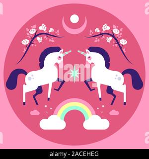 Design plat de rêve et magnifique illustration de floral et pinky unicorn carte célébration de l'humeur. Illustration de Vecteur